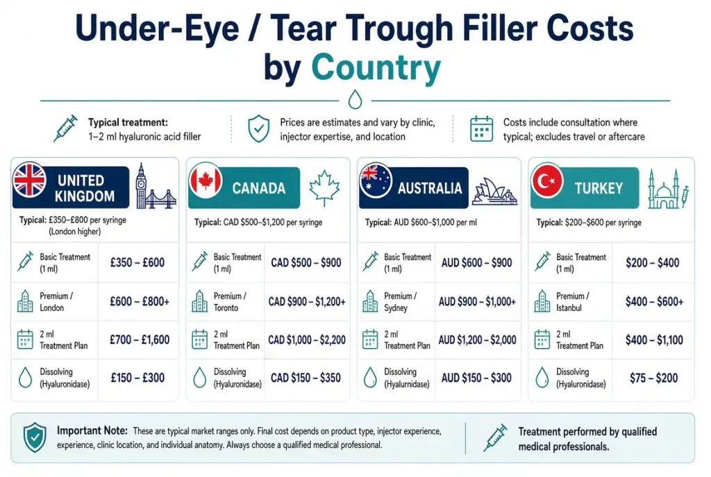 Under Eye/ Tear Through Filler Cost by Country & City 2026