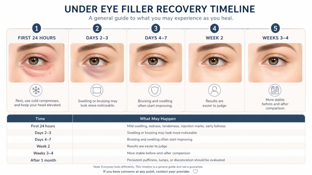 Under eye filler recovery timeline showing swelling and settling stages