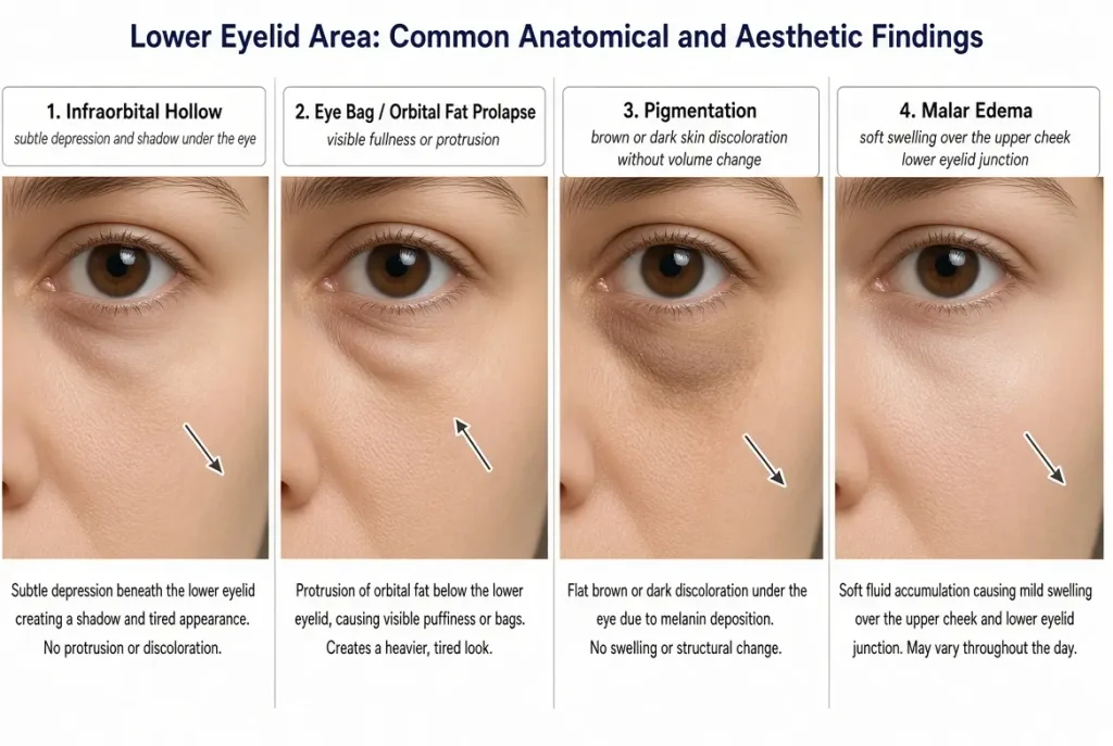 “Under-eye diagnosis diagram comparing infraorbital hollow, eye bag, pigmentation, and malar edema to help determine if filler is appropriate”