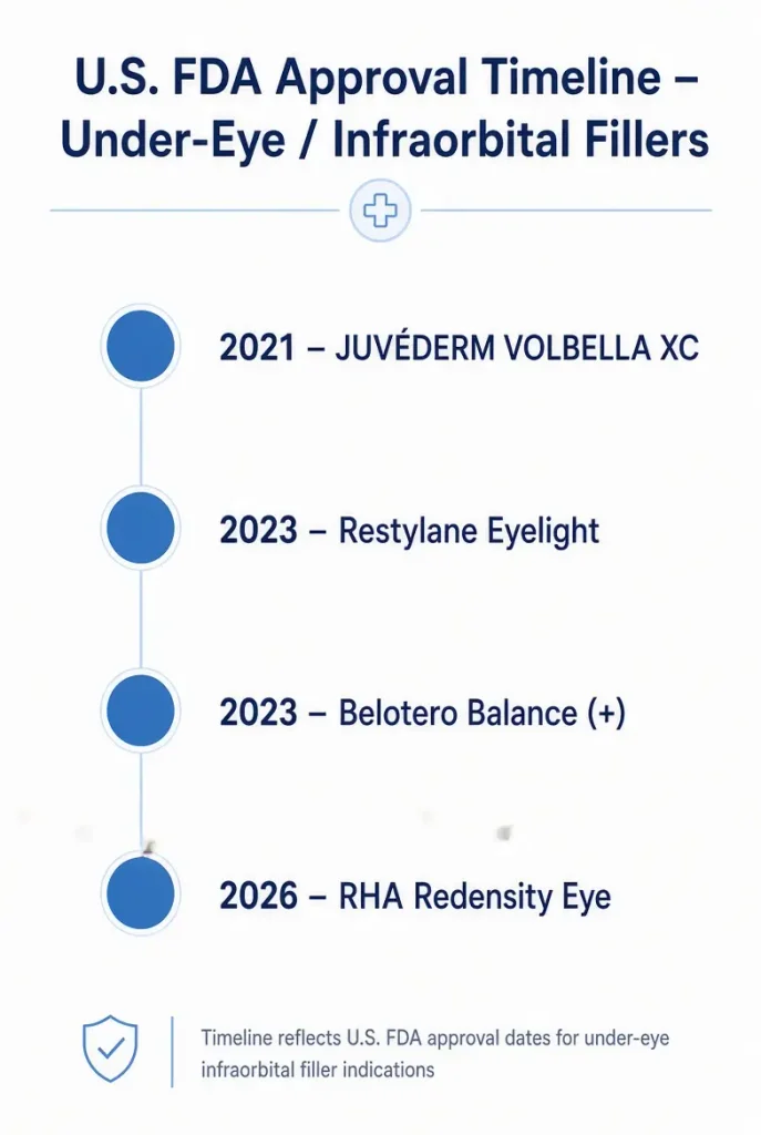 “U.S. FDA approval timeline for under-eye fillers: Juvéderm Volbella XC (2021), Restylane Eyelight (2023), Belotero Balance (+) (2023), and RHA Redensity Eye (2026)”