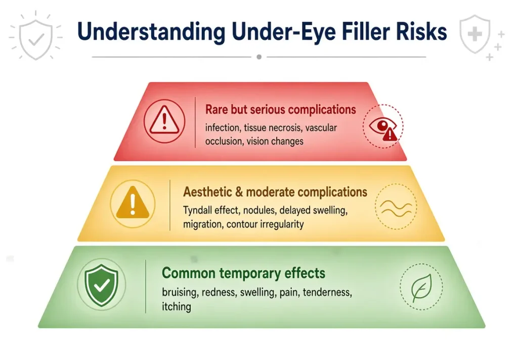 “Safety hierarchy of under-eye filler risks showing common temporary effects, aesthetic complications, and rare serious vascular risks”